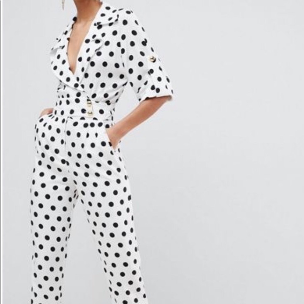 Polka dot jumpsuit with gold buttons!